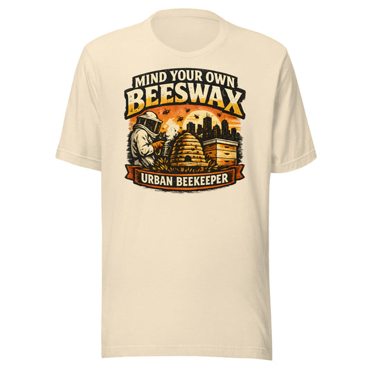 funny urban beekeeper t-shirt with mind your own beeswax slogan and vintage bee hive illustration