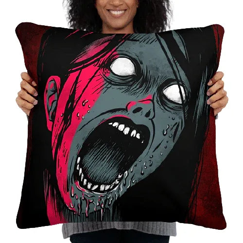 goth throw pillow with screaming zombie face graphic on black background