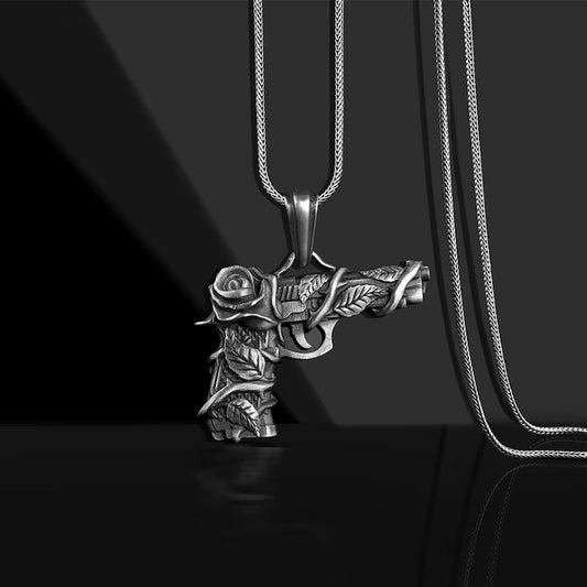 gothic gun and rose pendant necklace