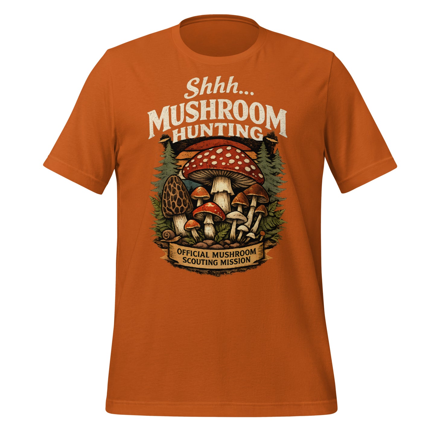 green mushroom hunting t-shirt with forest mushroom illustration