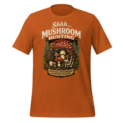 green mushroom hunting t-shirt with forest mushroom illustration