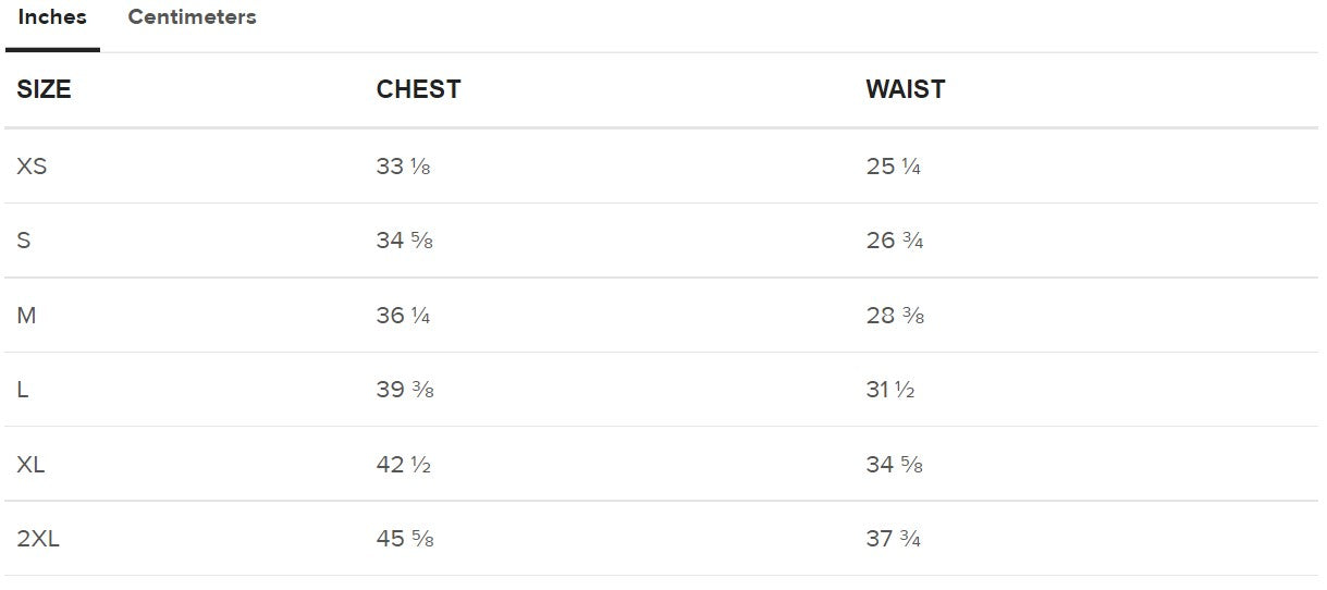 inches size guide t-shirt