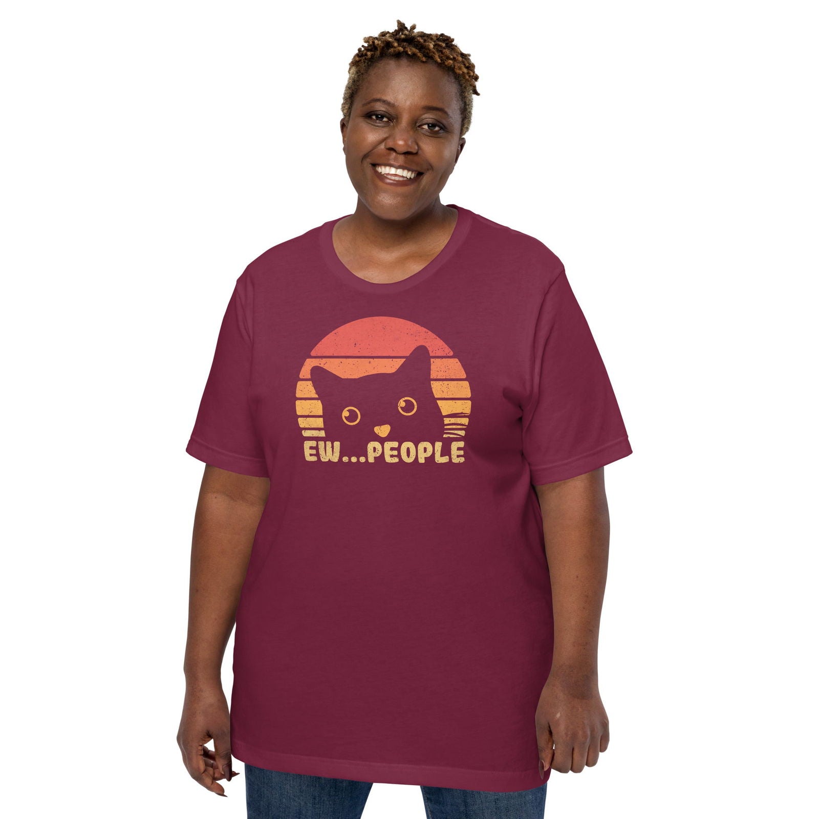 model wearing maroon 'ew people' cat t-shir