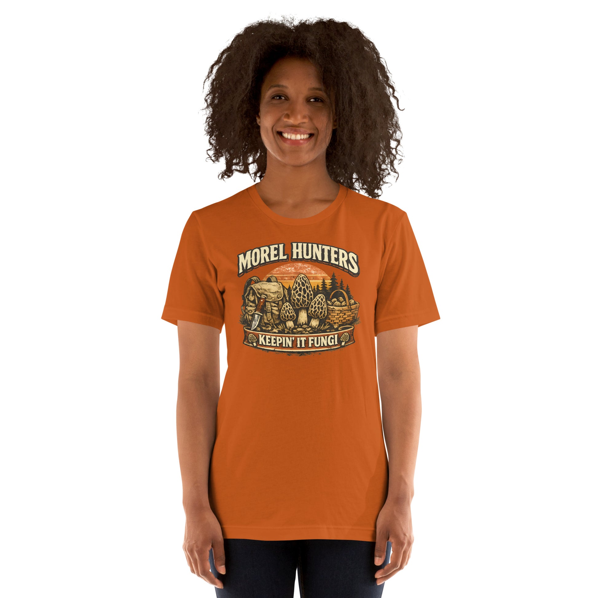 mushroom foraging t-shirt with morel mushrooms and basket illustration