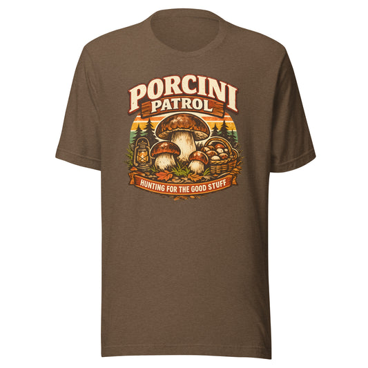 mushroom hunting t-shirt porcini patrol unisex tee