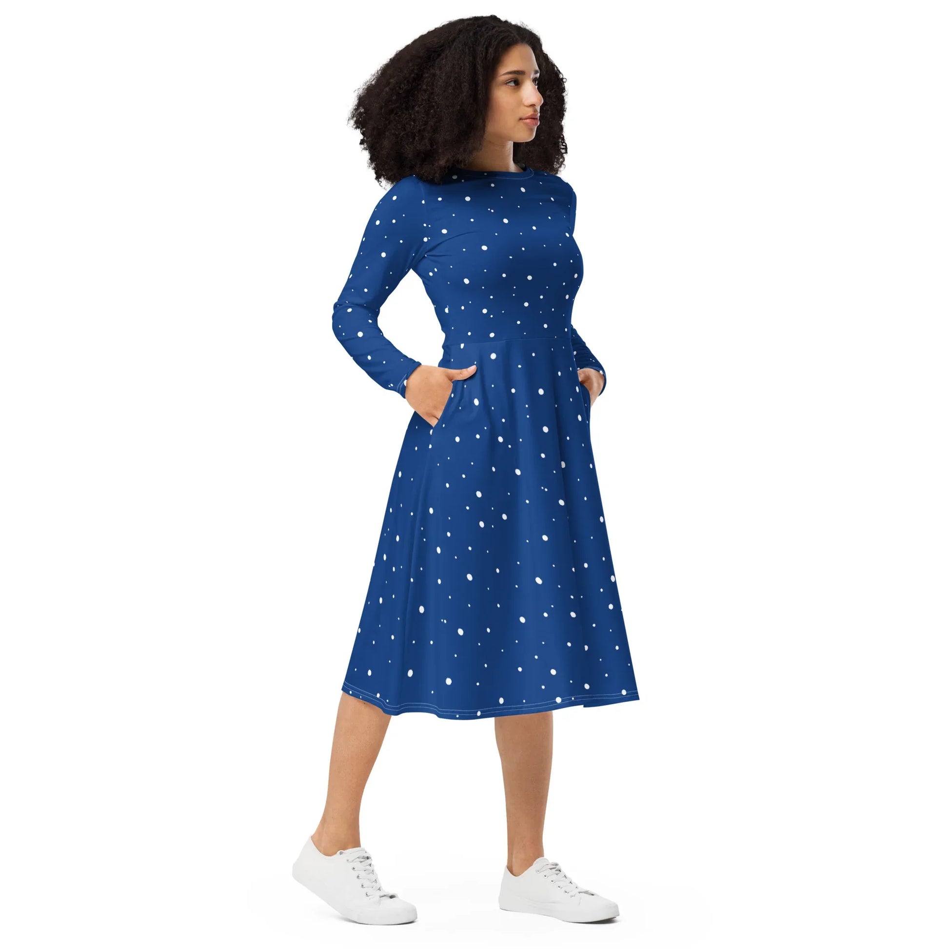 Navy & White Polka Dot Dress with Sleeves & Pockets M Navy & White Polka Dot Dress with Sleeves & Pockets M