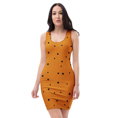 orange and black polka dot sleeveless bodycon dress