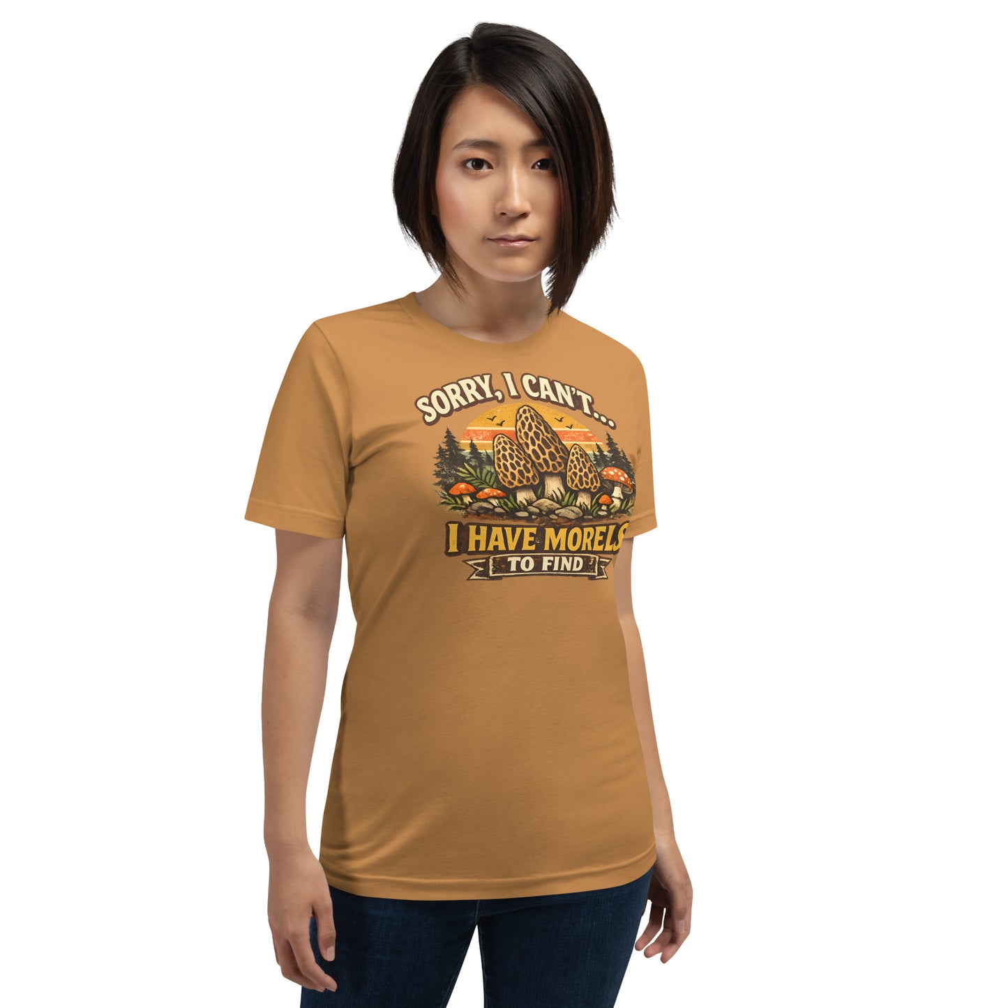outdoor mushroom hunting t shirt with detailed morel mushrooms and retro sunset graphic