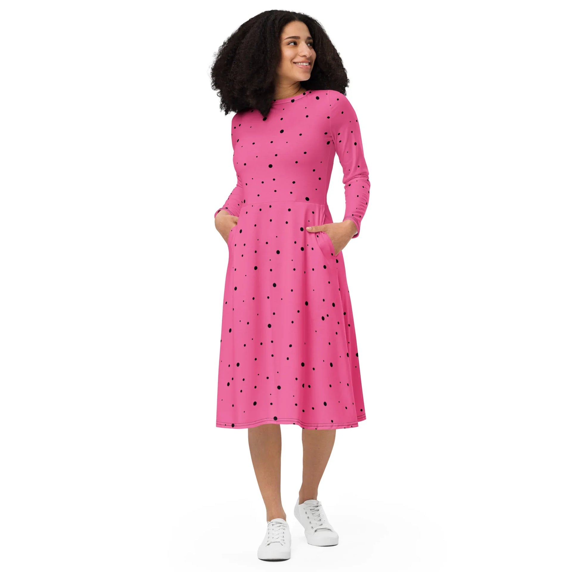 Pink and Black Polka Dot Long Sleeve Midi Dress L Pink and Black Polka Dot Long Sleeve Midi Dress L