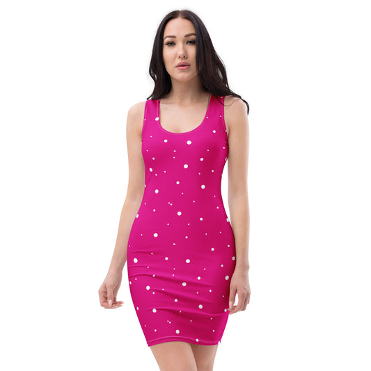 pink and white polka dot sleeveless bodycon dress