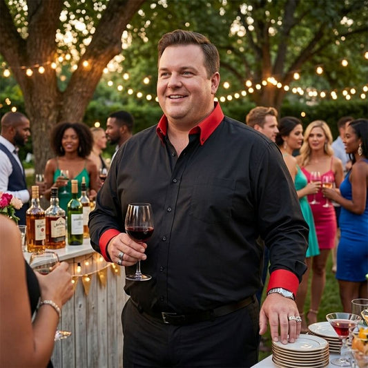 plus size man wearing black shirt with red collar at outdoor party