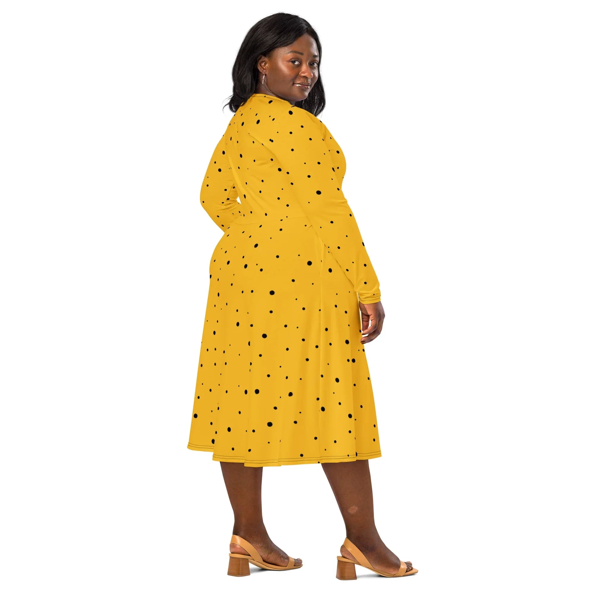 Yellow Black Polka Dot Dress With Sleeves | Midi | Sizes 2XS6XL 2XS Yellow Black Polka Dot Dress With Sleeves | Midi | Sizes 2XS6XL 2XS