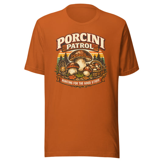 porcini patrol t-shirt vintage mushroom graphic design