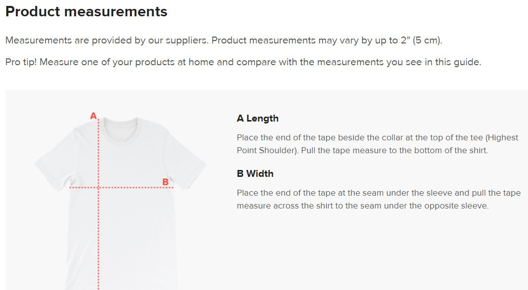 Product measurements T-shirt