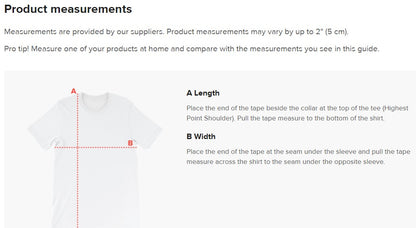 Product Measurements T-shirt