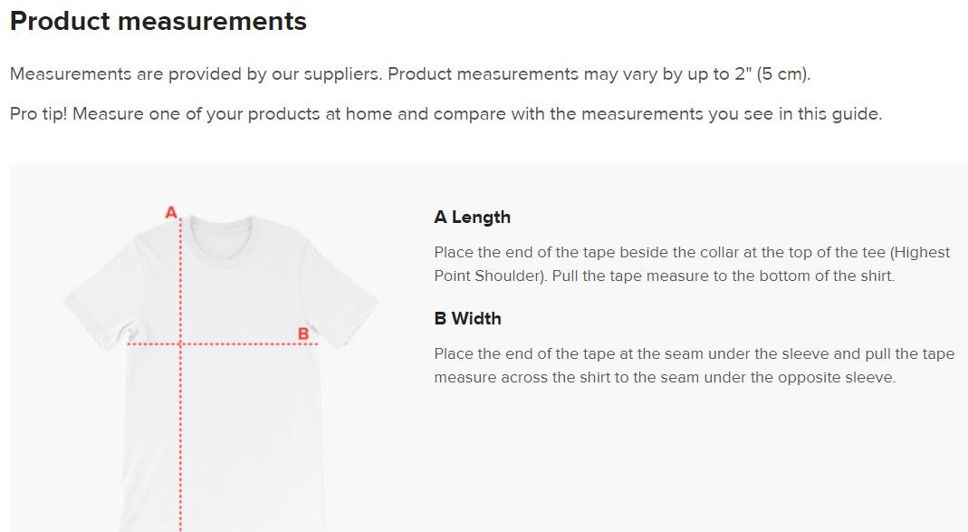 Product Measurements Tshirt