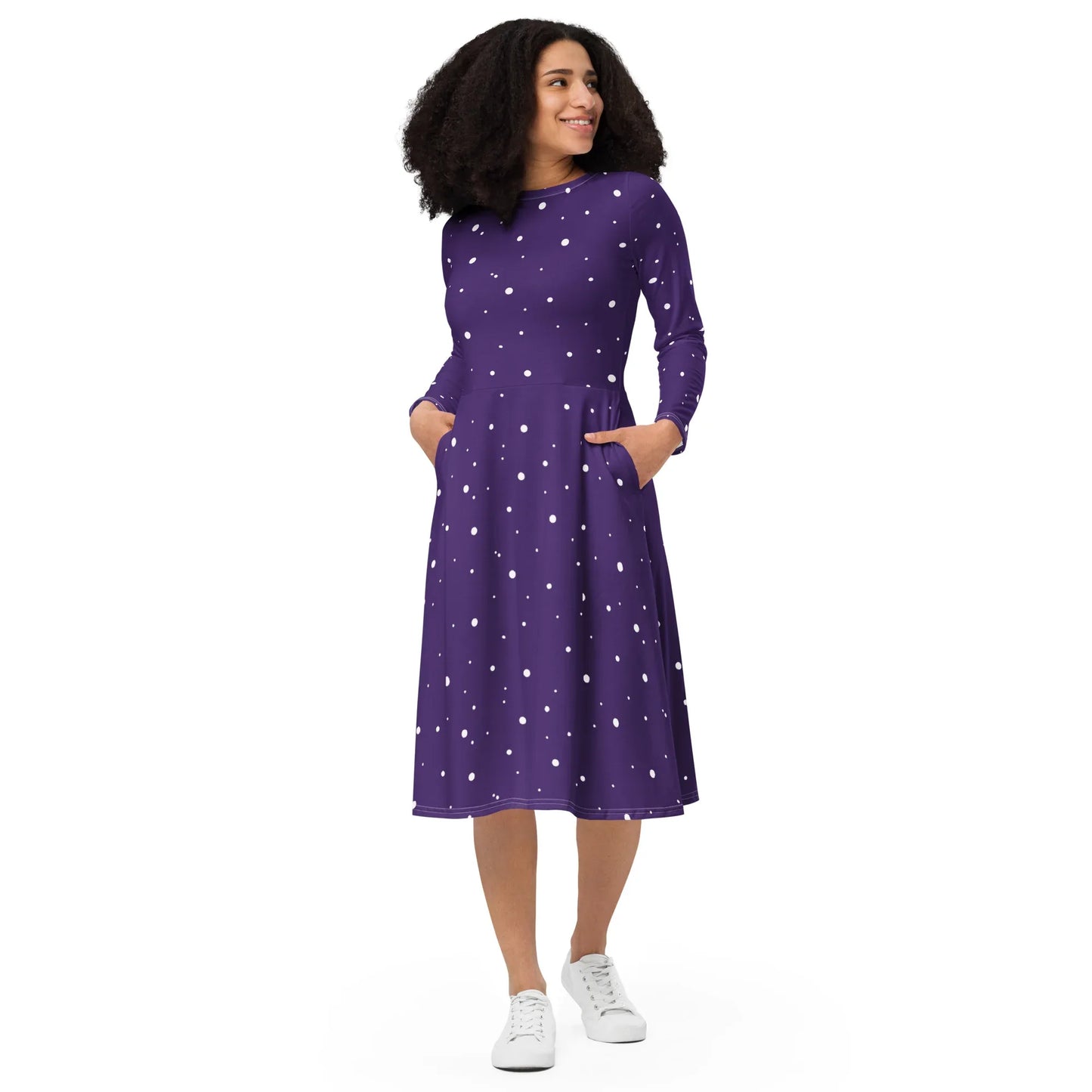 purple dress with white polka dots Polka dots and pretty shoulders, what's not to love? This Lily Purple Polka Dot Dress makes every summer day feel extra special #VintageVibes #RetroStyle #DollyandDotty @danilavonaddams