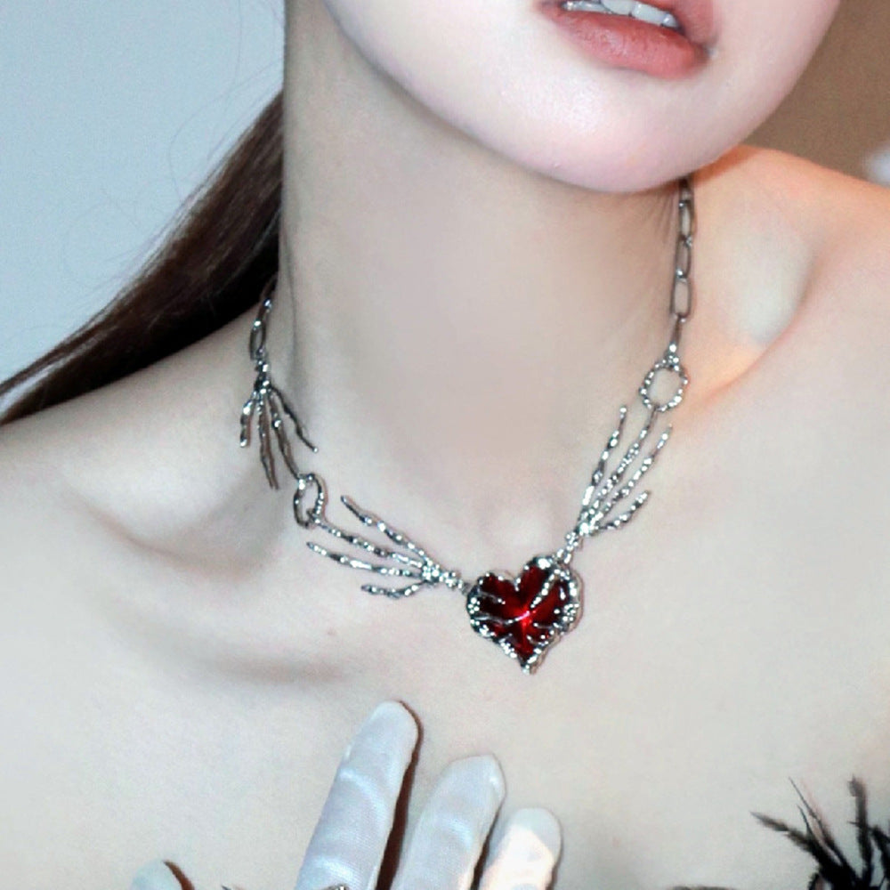 red heart skeleton necklace