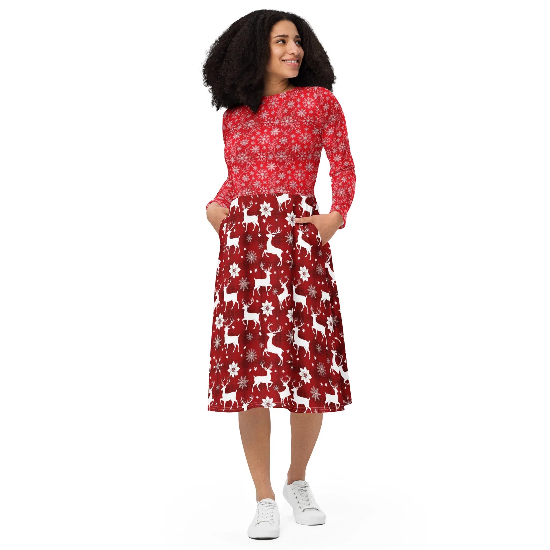 Red Long Sleeve Christmas Dress with Reindeer Pattern M