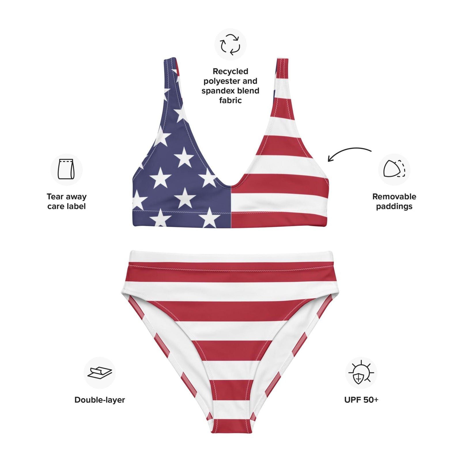 red white blue high waisted bikini set for Independence Day celebration