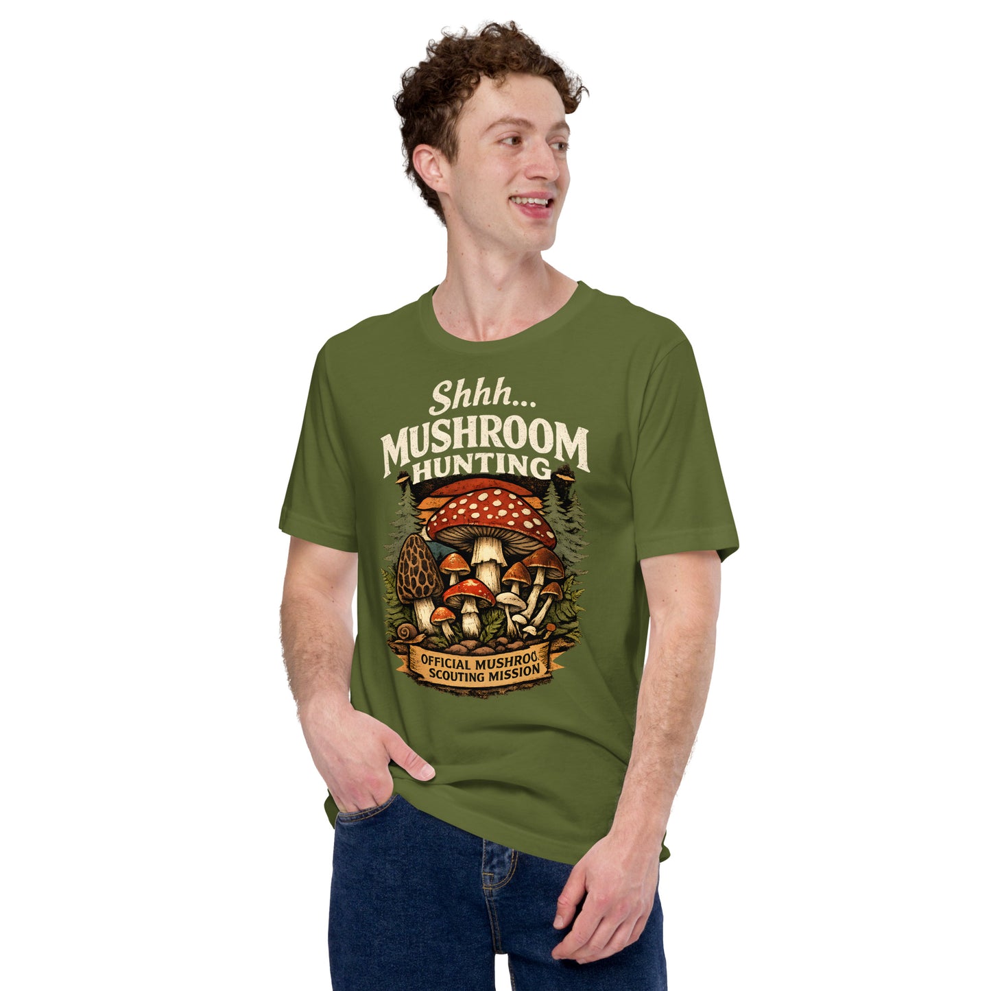 retro mushroom hunting shirt with woodland fungi design