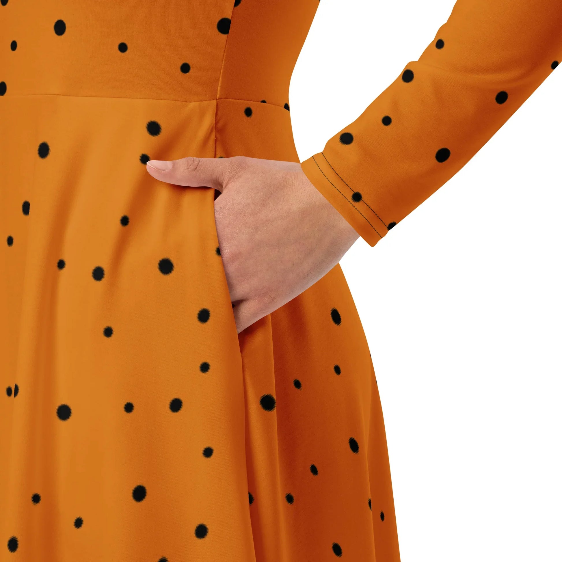 orange and black polka dot dress Orange and black polka dot long wrap dress Zaga Clothing