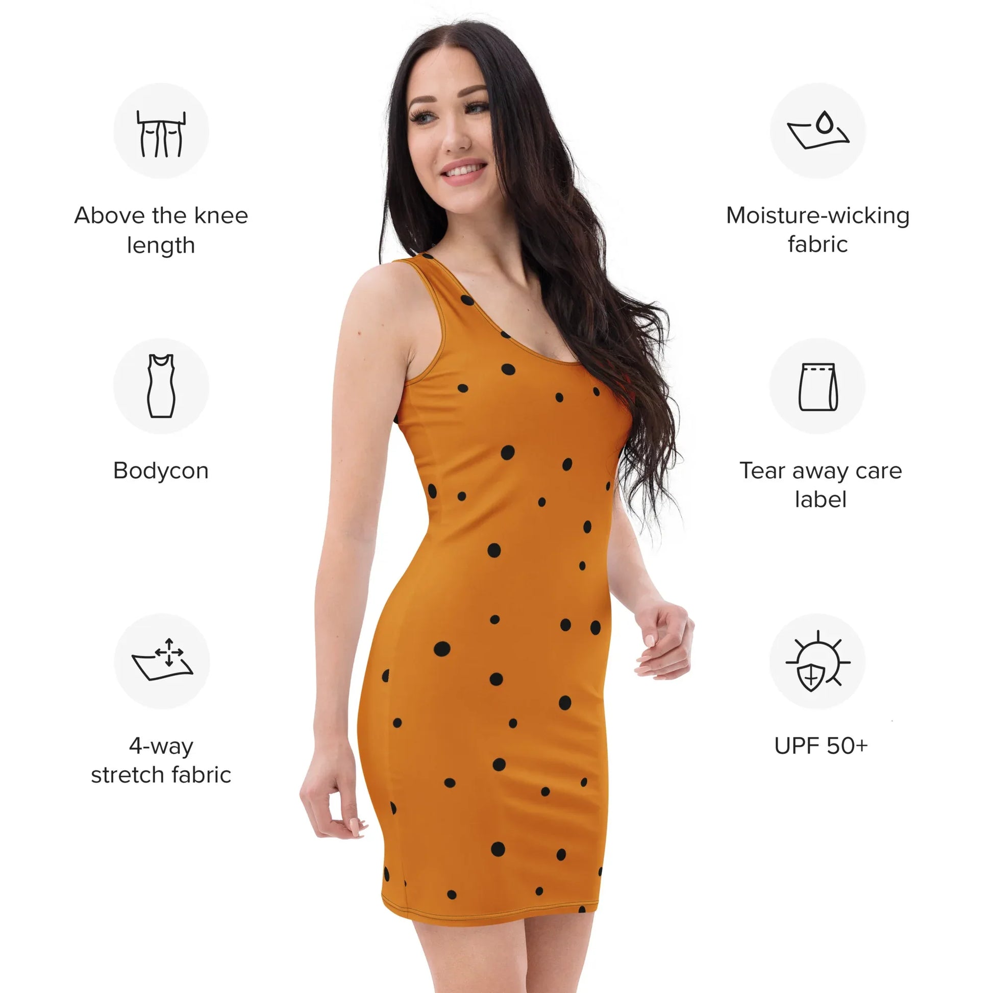 Orange & Black Polka Dot Bodycon Dress – Retro Sleeveless Fitted Dress for Women (XS–XL) – YVDdesign