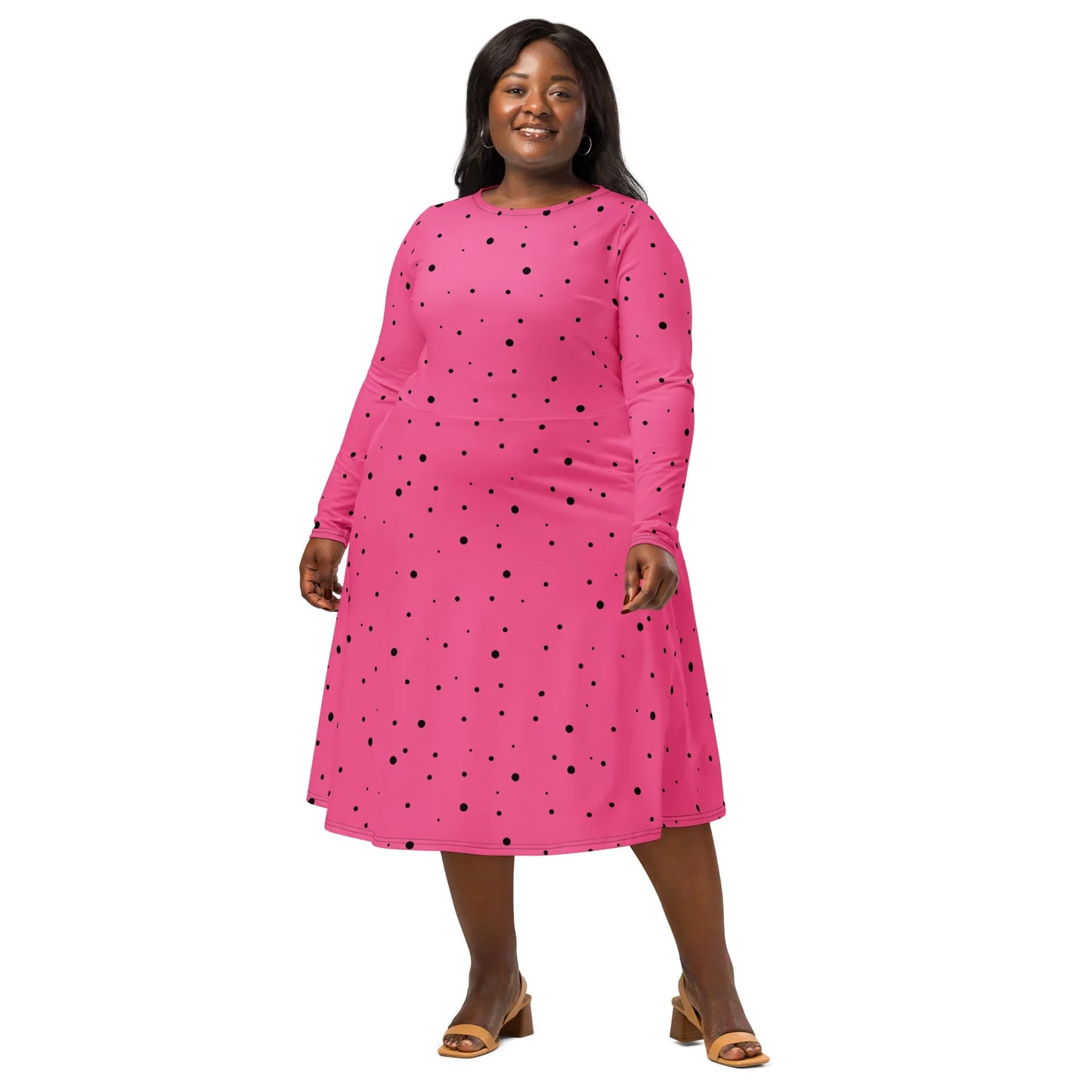 Pink and Black Polka Dot Long Sleeve Midi Dress YVDdesign Pink and Black Polka Dot Long Sleeve Midi Dress YVDdesign