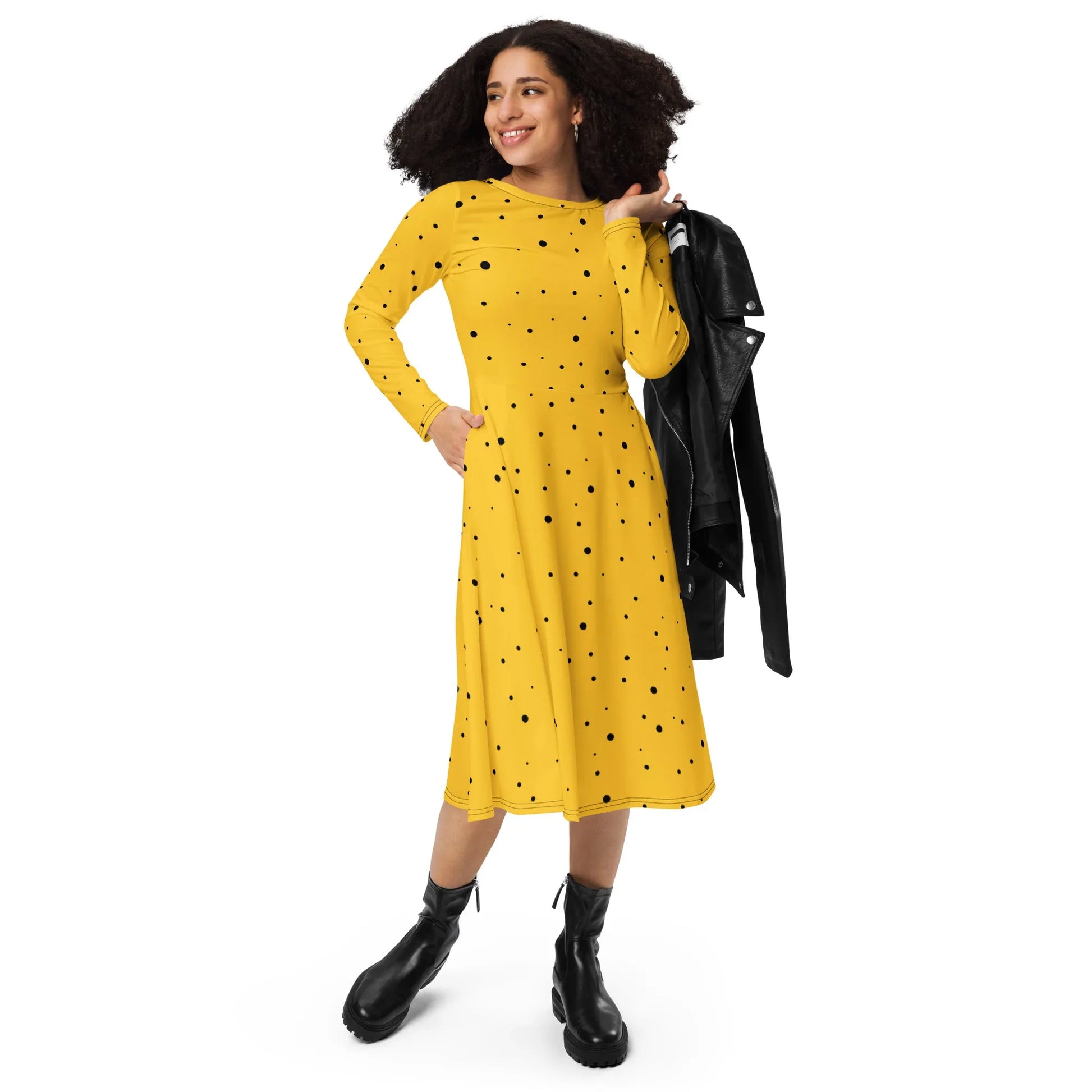 Yellow Black Polka Dot Dress with Sleeves | Midi | Sizes 2XS6XL 2XS Yellow Black Polka Dot Dress with Sleeves | Midi | Sizes 2XS6XL 2XS
