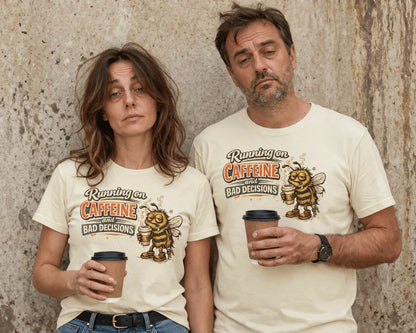 running on caffeine and bad decisions t shirt tired adults