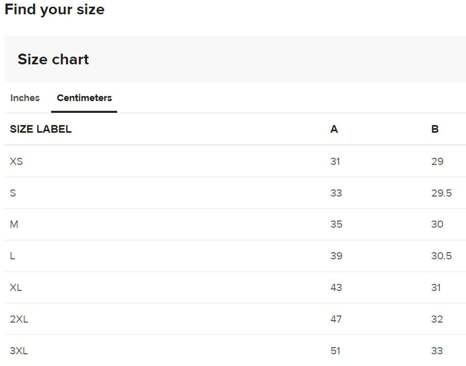 size chart centimeters bikini top