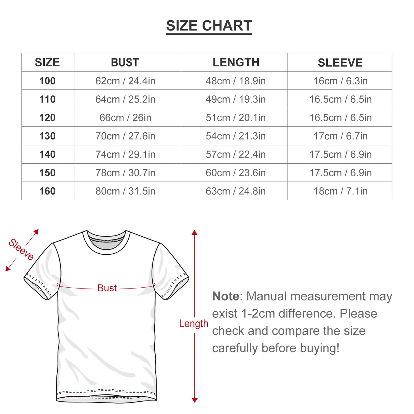 size chart kids t-shirt