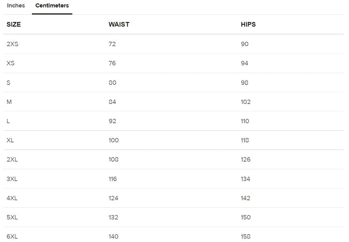 size guide swim shorts centimeters