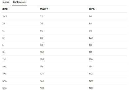 size guide swim shorts centimeters