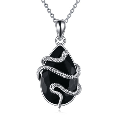 sterling silver snake necklace with black obsidian
