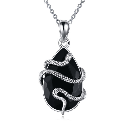 sterling silver snake necklace with black obsidian