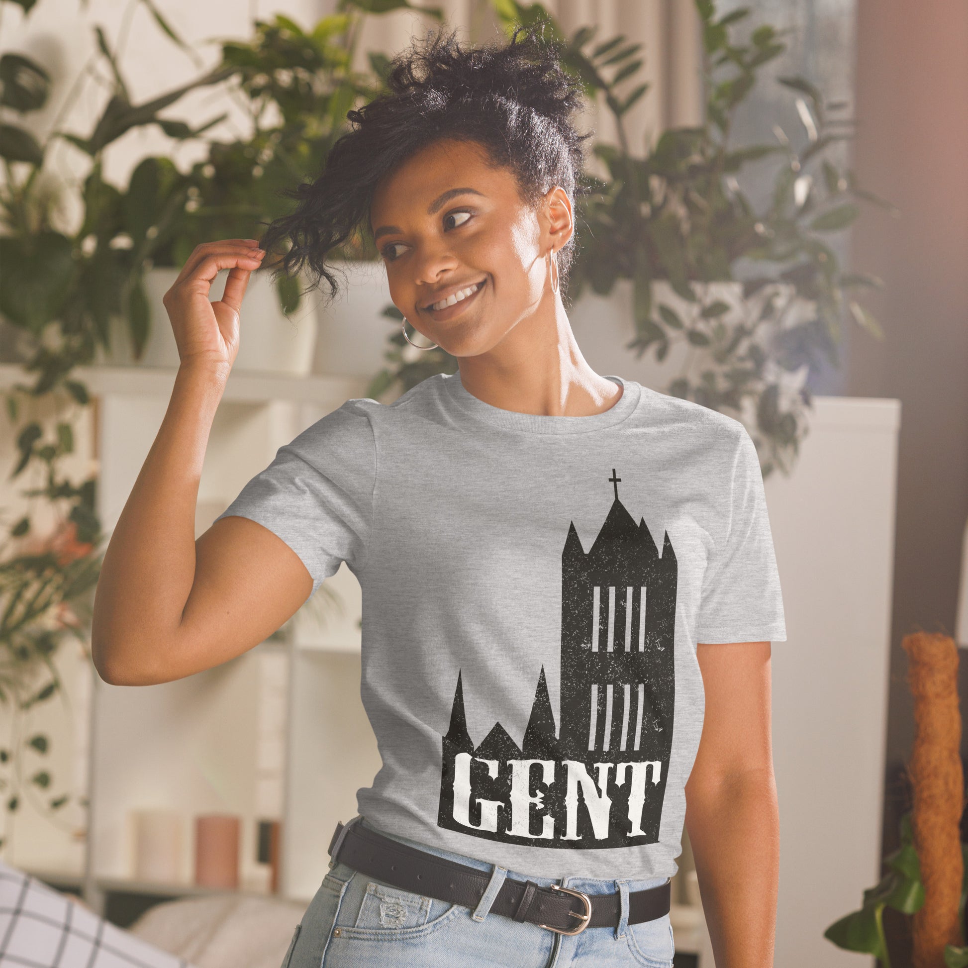 A grey t-shirt with the word "gent" on it, featuring a unique print of Gravensteen Castle Ghent