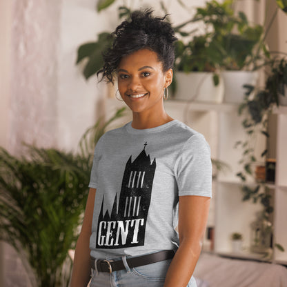 Fashionable grey T-shirt showcasing 'Gent', along with the iconic Gravensteen Castle in Ghent