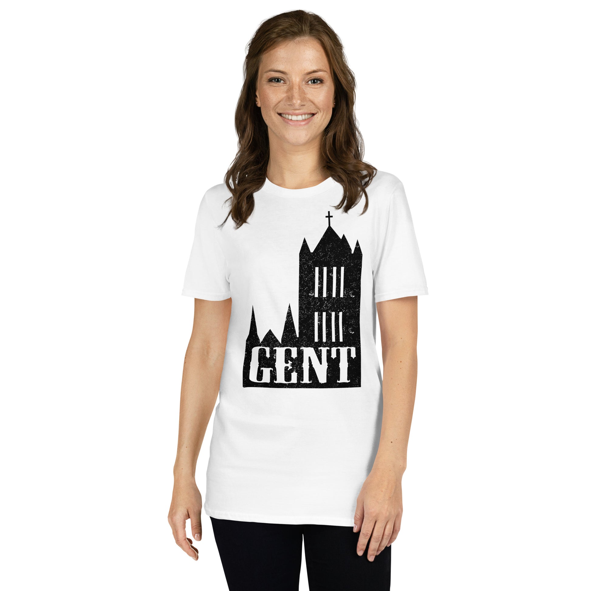 White Stylish T-shirt displaying 'Gent' and Gravensteen Castle, representing the city of Ghent