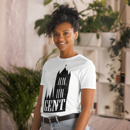 White Fashionable T-shirt showcasing 'Gent', along with the iconic Gravensteen Castle in Ghent