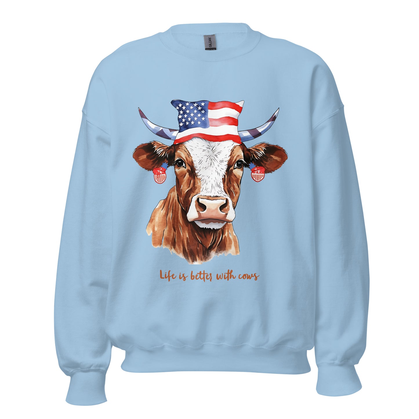 Custom Sweater With Patriotic Cow For Cow Lovers And Farmers Light Blue Color
