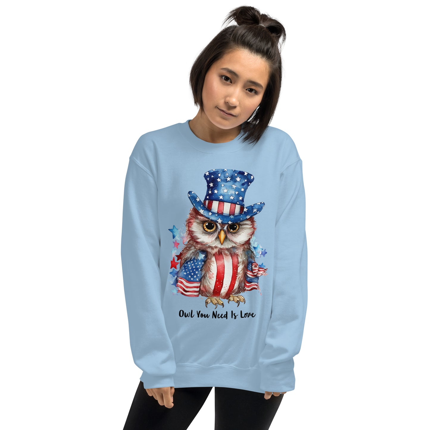 Custom Patriotic Owl For Owl Lovers, Bird Lovers, Night Lovers Light Blue Sweatshirt