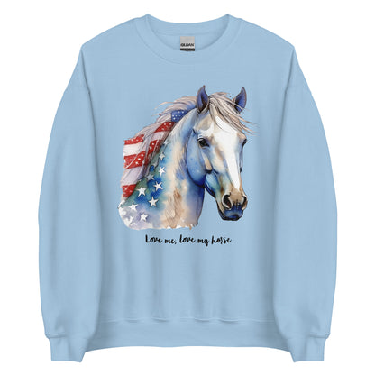 Light Blue USA Colored Patriotic Sweatshirt With Blue Horse Graphic Design For Horse Lovers