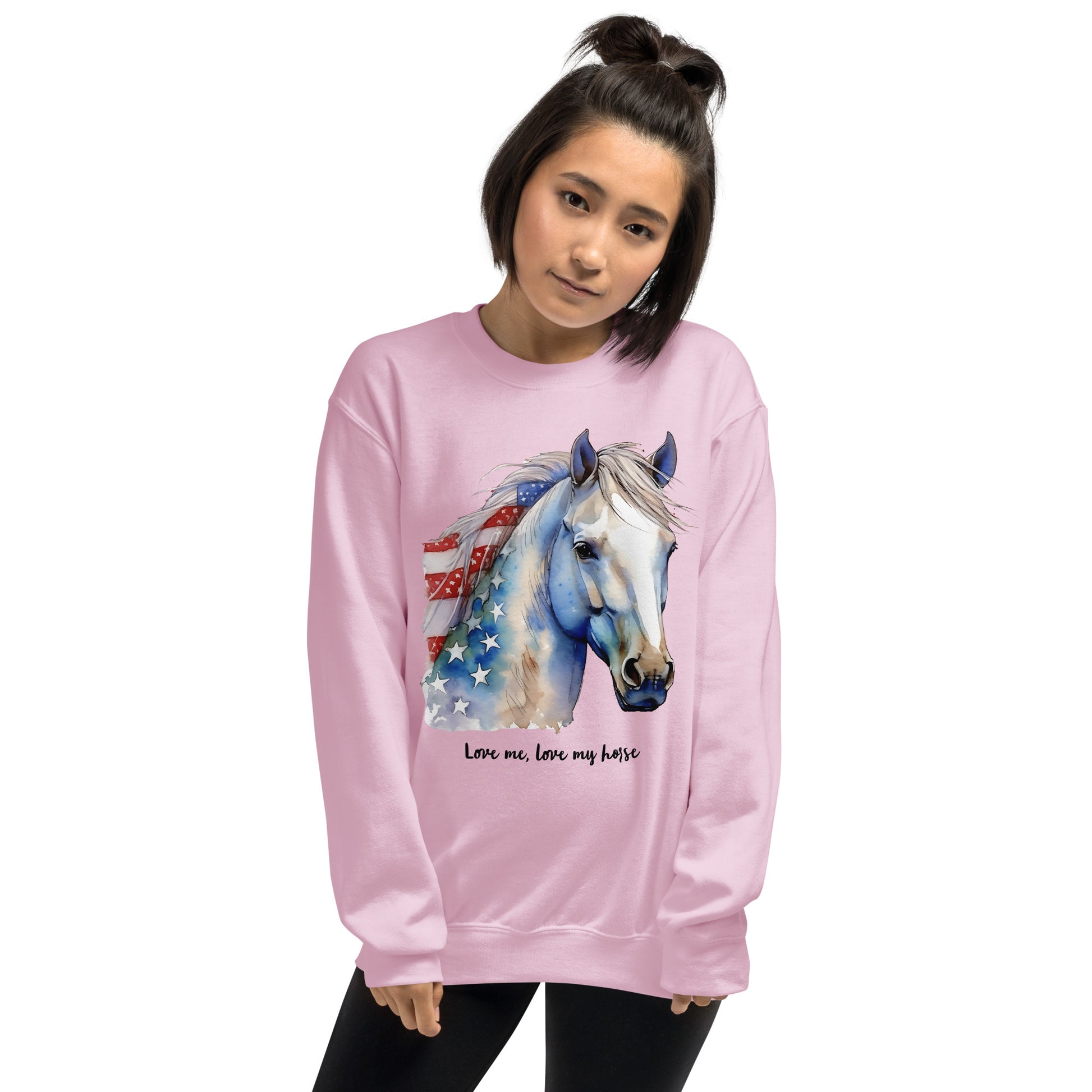Pink USA Colored Patriotic Sweatshirt With Blue Horse Graphic Design For Horse Lovers