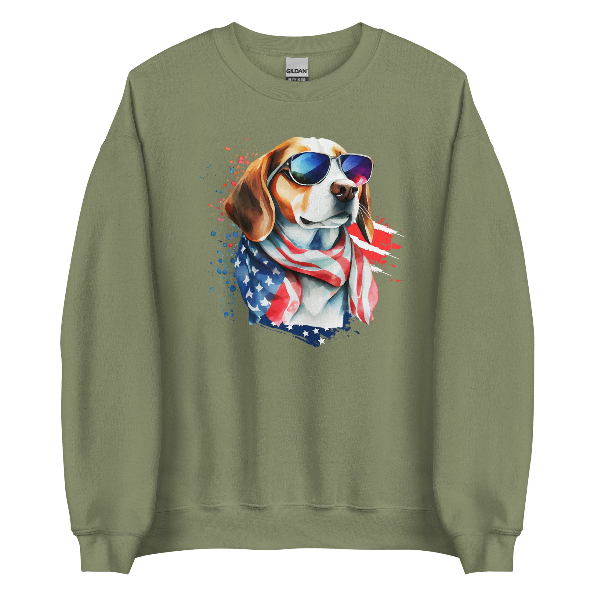 Olive Colored Patriot Sweatshirt Printed With Patriotic Dog And USA Colors