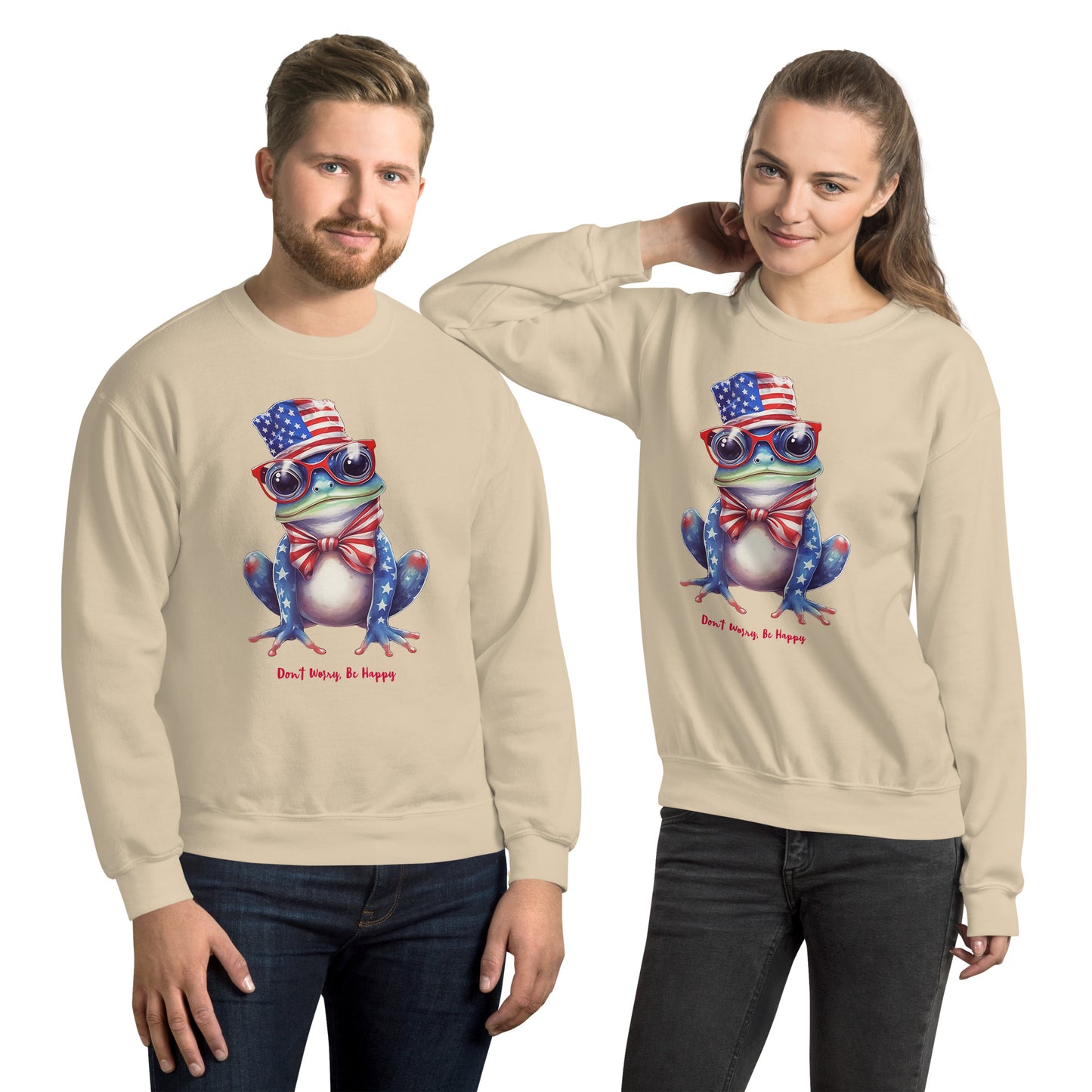 Sand Color Customizable Cute Patriotic Frog Sweatshirt / USA Flag Sweatshirt
