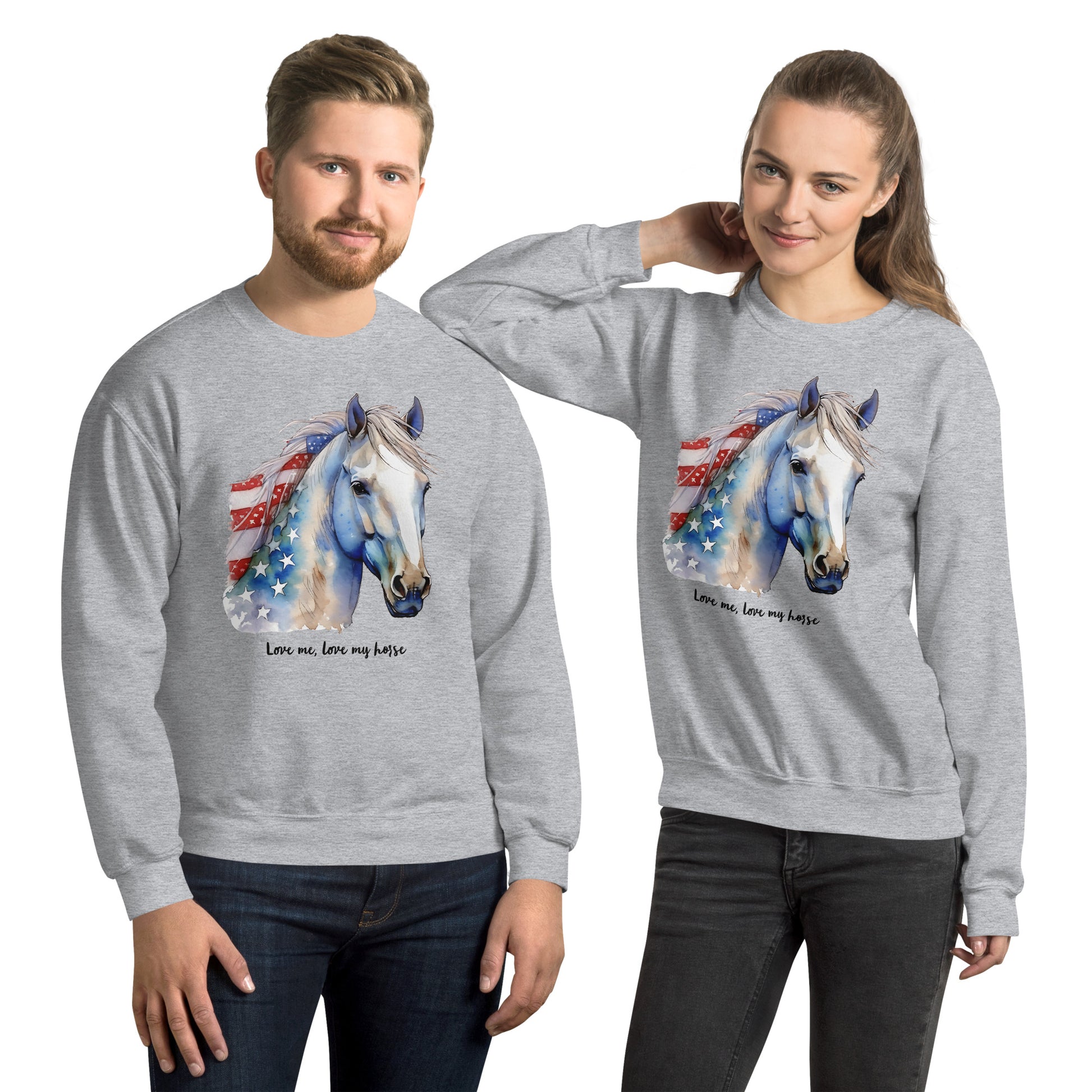 Grey USA Colored Patriotic Sweatshirt With Blue Horse Graphic Design For Horse Lovers