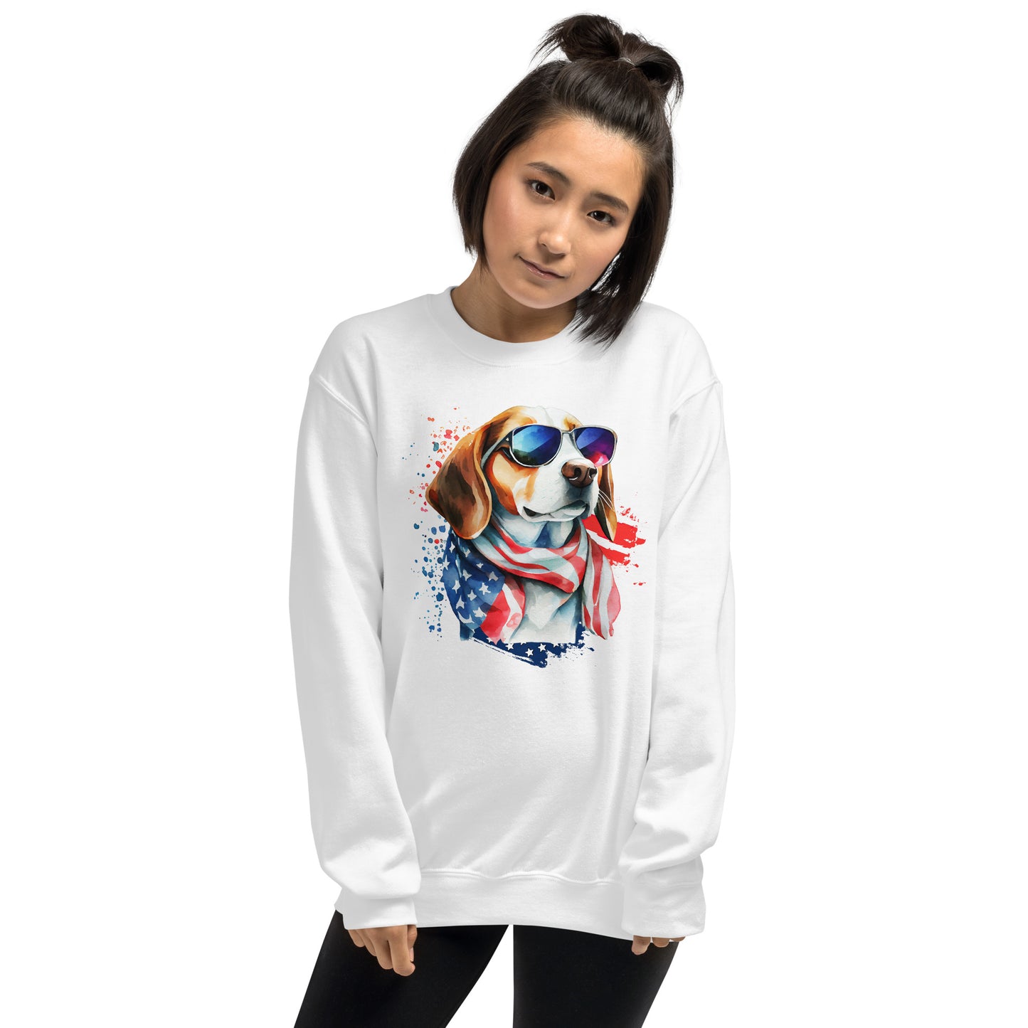 White Color Patriot Sweatshirt Printed With Patriotic Dog And USA Colors