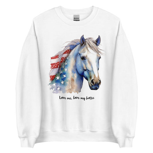 USA Colored Patriotic Sweatshirt With Blue Horse Graphic Design For Horse Lovers