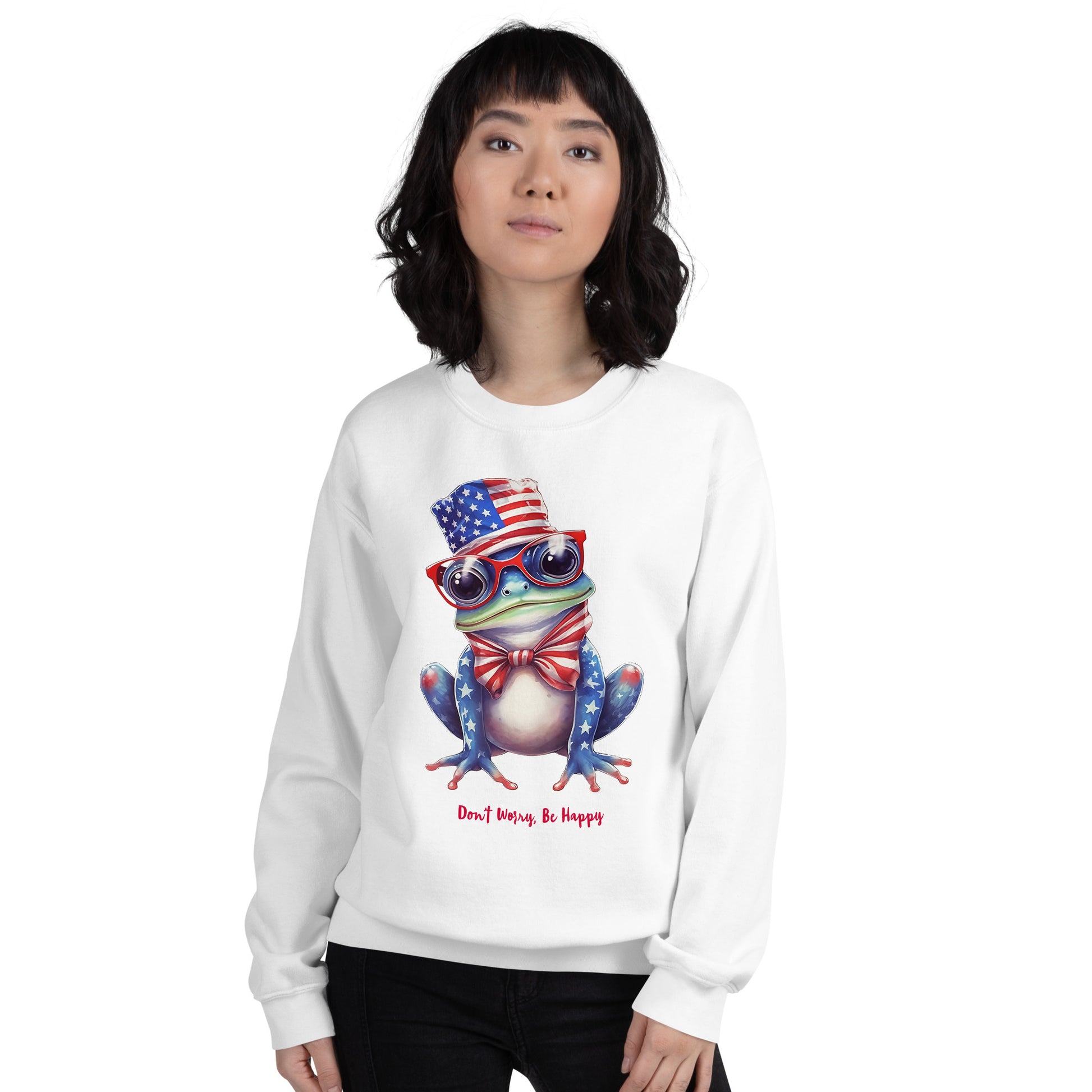 White color Customizable Cute Patriotic Frog Sweatshirt / USA Flag Sweatshirt
